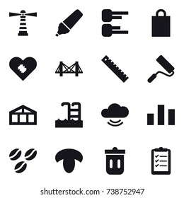 16 vector icon set : lighthouse, marker, diagram, shopping bag, bridge, ruler, repair, greenhouse, pool, coffee seeds, mushroom, trash bin, clipboard list
