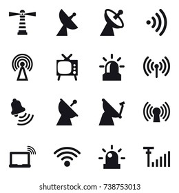 16 vector icon set : lighthouse, satellite antenna, wireless, antenna, tv, alarm, bell