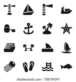16 vector icon set : lighthouse, boat, island, starfish, cruise ship, palm hammock, shark flipper, windsurfing, jellyfish, flip-flops, pool, fish