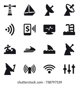 16 vector icon set : lighthouse, boat, satellite antenna, wireless, mobile pay, pool, surfer, jet ski, shark flipper
