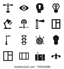 16 vector icon set : lighthouse, eye, bulb head, bulb brain, table lamp, laser, window, outdoor light, disco ball, bulb, clean  window, hard reach place cleaning