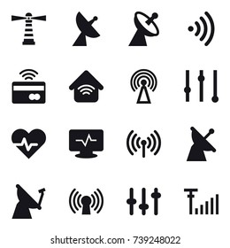 16 vector icon set : lighthouse, satellite antenna, wireless, tap to pay, wireless home, antenna, equalizer