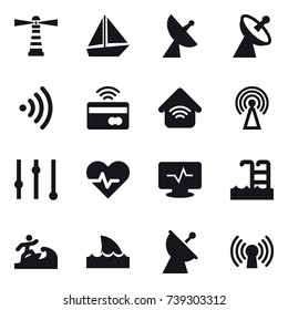 16 vector icon set : lighthouse, boat, satellite antenna, wireless, tap to pay, wireless home, antenna, equalizer, pool, surfer, shark flipper
