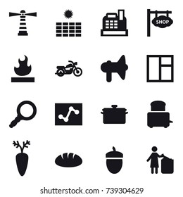 16 vector icon set : lighthouse, sun power, cashbox, shop signboard, motorcycle, loudspeaker, window, pan, bread, acorn, garbage bin