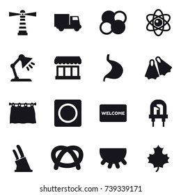 16 vector icon set : lighthouse, truck, atom core, atom, table lamp, market, flippers, curtain, ring button, welcome mat, knife holder, udder, maple leaf