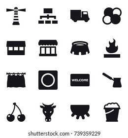 16 vector icon set : lighthouse, hierarchy, truck, atom core, market, stadium, curtain, ring button, welcome mat, turk, cherry, cow, udder, foam bucket