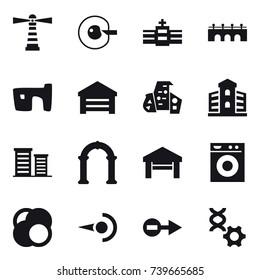 16 vector icon set : lighthouse, cell corection, bridge, slum, garage, modern architecture, building, district, arch, washing machine