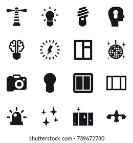 16 vector icon set : lighthouse, bulb, bulb head, bulb brain, lightning, window, disco ball, camera, power switch, shining, clean  window, hard reach place cleaning