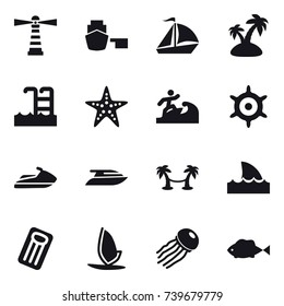 16 vector icon set : lighthouse, sail boat, island, pool, starfish, surfer, handwheel, jet ski, yacht, palm hammock, shark flipper, inflatable mattress, windsurfing, jellyfish