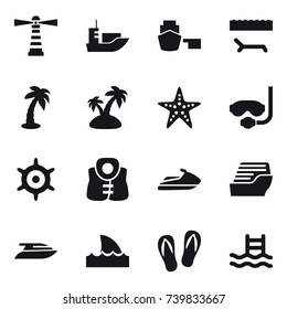 16 vector icon set : lighthouse, lounger, palm, island, starfish, diving mask, handwheel, life vest, jet ski, cruise ship, yacht, shark flipper, flip-flops, pool