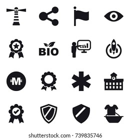16 vector icon set : lighthouse, share, flag, eye, medal, bio, presentation, rocket, crypto currency, university, shield, handle washing