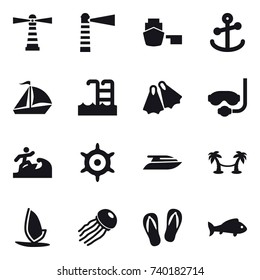 16 vector icon set : lighthouse, sail boat, pool, flippers, diving mask, surfer, handwheel, yacht, palm hammock, windsurfing, jellyfish, flip-flops, fish