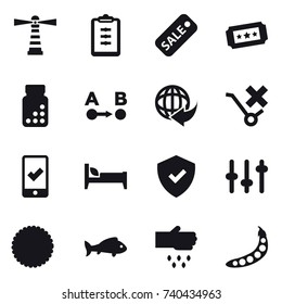 16 vector icon set : lighthouse, clipboard, sale, ticket, mobile checking, bed, fish, sow, peas
