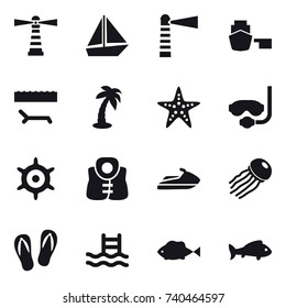 16 vector icon set : lighthouse, boat, lounger, palm, starfish, diving mask, handwheel, life vest, jet ski, jellyfish, flip-flops, pool, fish