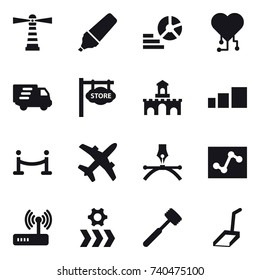16 vector icon set : lighthouse, marker, diagram, cardio chip, delivery, store signboard, fort, vip fence, meat hammer, scoop