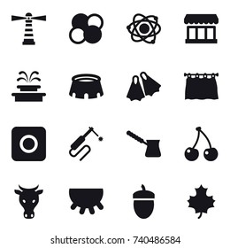 16 vector icon set : lighthouse, atom core, atom, market, fountain, stadium, flippers, curtain, ring button, turk, cherry, cow, udder, acorn, maple leaf