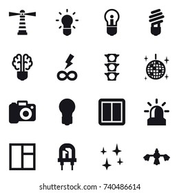 16 vector icon set : lighthouse, bulb, bulb brain, infinity power, disco ball, camera, power switch, alarm, window, shining, hard reach place cleaning