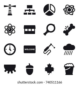 16 vector icon set : lighthouse, hierarchy, diagram, atom, market, magnifier, watch, welcome mat, rain cloud, udder, acorn, maple leaf, foam bucket