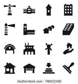 16 vector icon set : lighthouse, tower, building, church, houses, brick, barn, factory, windmill, real estate, home, garage, scraper