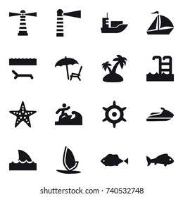 16 vector icon set : lighthouse, sail boat, lounger, island, pool, starfish, surfer, handwheel, jet ski, shark flipper, windsurfing, fish
