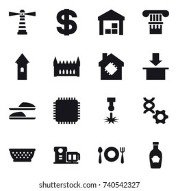 16 vector icon set : lighthouse, dollar, warehouse, column, tower, gothic architecture, smart house, slippers, kolander