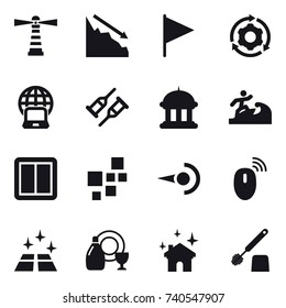 16 vector icon set : lighthouse, crisis, flag, around gear, notebook globe, goverment house, surfer, power switch, clean floor, dish cleanser, house cleaning, toilet brush