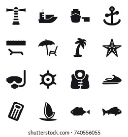 16 vector icon set : lighthouse, lounger, palm, starfish, diving mask, handwheel, life vest, jet ski, inflatable mattress, windsurfing, fish