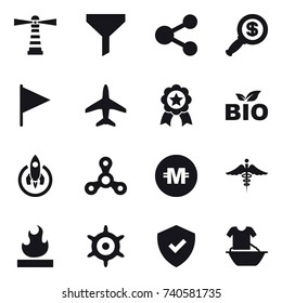 16 vector icon set : lighthouse, funnel, share, dollar magnifier, flag, plane, medal, bio, rocket, spinner, crypto currency, handwheel, handle washing