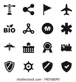 16 vector icon set : lighthouse, share, flag, plane, bio, spinner, crypto currency, university, medal, train, shield, handwheel