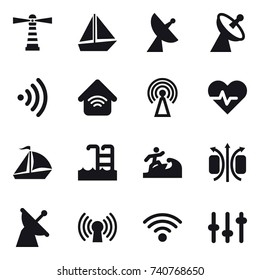 16 vector icon set : lighthouse, boat, satellite antenna, wireless, wireless home, antenna, sail boat, pool, surfer
