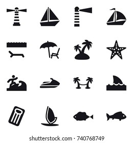 16 vector icon set : lighthouse, boat, sail boat, lounger, island, starfish, surfer, jet ski, palm hammock, shark flipper, inflatable mattress, windsurfing, fish