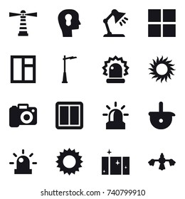 16 vector icon set : lighthouse, bulb head, table lamp, window, outdoor light, sun, camera, power switch, alarm, clean  window, hard reach place cleaning
