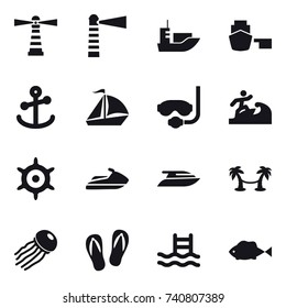 16 vector icon set : lighthouse, sail boat, diving mask, surfer, handwheel, jet ski, yacht, palm hammock, jellyfish, flip-flops, pool