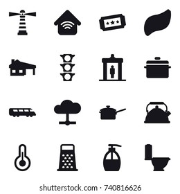 16 vector icon set : lighthouse, wireless home, ticket, house with garage, detector, pan, saute pan, kettle, liquid soap, toilet