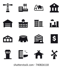 16 vector icon set : lighthouse, store, project, library, garage, university, district, city, greenhouse, stadium, airport tower, hotel, bungalow, windmill