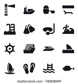 16 vector icon set : lighthouse, lounger, pool, flippers, diving mask, surfer, handwheel, cruise ship, yacht, shark flipper, windsurfing, flip-flops