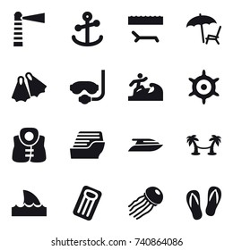 16 vector icon set : lighthouse, lounger, flippers, diving mask, surfer, handwheel, life vest, cruise ship, yacht, palm hammock, shark flipper, inflatable mattress, jellyfish, flip-flops