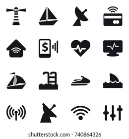 16 vector icon set : lighthouse, boat, satellite antenna, tap to pay, wireless home, mobile pay, sail boat, pool, jet ski, shark flipper, wireless