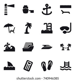 16 vector icon set : lighthouse, lounger, palm, pool, diving mask, surfer, cruise ship, yacht, palm hammock, shark flipper, inflatable mattress, flip-flops