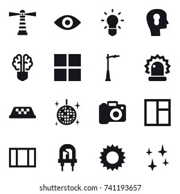 16 vector icon set : lighthouse, eye, bulb, bulb head, bulb brain, window, outdoor light, taxi, disco ball, camera, sun, shining