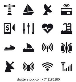16 vector icon set : lighthouse, boat, satellite antenna, tap to pay, mobile pay, equalizer, pool, jet ski, shark flipper, wireless
