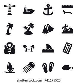 16 vector icon set : lighthouse, lounger, palm, island, flippers, surfer, life vest, palm hammock, shark flipper, inflatable mattress, windsurfing, jellyfish, flip-flops