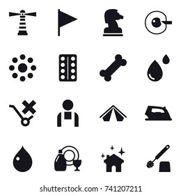 16 vector icon set : lighthouse, flag, chess horse, cell corection, round around, tent, iron, drop, dish cleanser, house cleaning, toilet brush