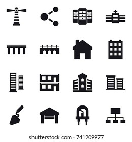 16 vector icon set : lighthouse, molecule, server, bridge, home, building, skyscrapers, modular house, district, construction, garage, hierarchy