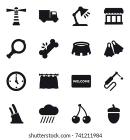 16 vector icon set : lighthouse, truck, table lamp, market, magnifier, stadium, flippers, watch, curtain, welcome mat, knife holder, rain cloud, cherry, acorn