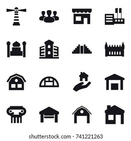 16 vector icon set : lighthouse, group, shop, store, minaret, building, pyramid, gothic architecture, house, greenhouse, real estate, antique column, garage, barn