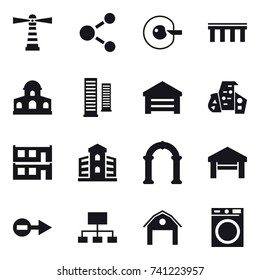 16 vector icon set : lighthouse, molecule, cell corection, bridge, mansion, skyscrapers, garage, modern architecture, modular house, building, arch, hierarchy, barn, washing machine