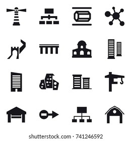 16 vector icon set : lighthouse, hierarchy, nanotube, greate wall, bridge, mansion, skyscrapers, skyscraper, modern architecture, district, tower crane, garage, barn