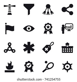 16 vector icon set : lighthouse, funnel, share, flag, eye, medal, presentation, spinner, university, tennis, handwheel