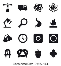 16 vector icon set : lighthouse, truck, atom, table lamp, magnifier, flippers, watch, ring button, acorn, maple leaf